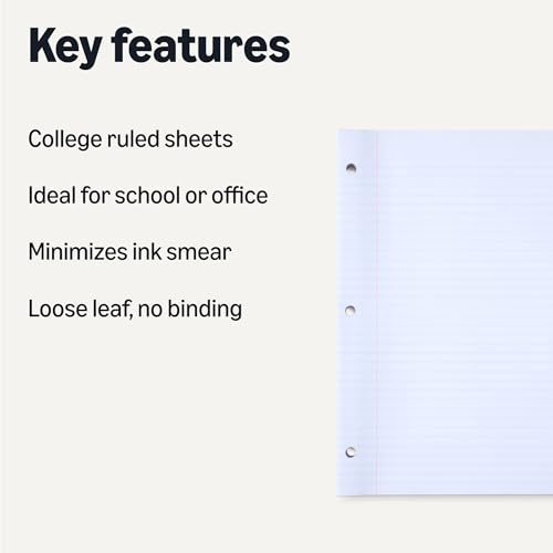 Amazon Basics Loose Leaf Paper, College Ruled Reinforced, 150 Sheets, 11" x 8.5", White, No Binding view 2