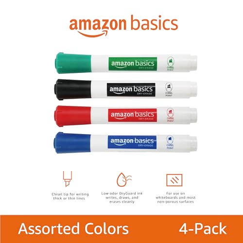 Amazon Basics Low-Odor Chisel Tip Dry Erase Whiteboard Marker, Pack of 4, Black, Red, Green, Blue