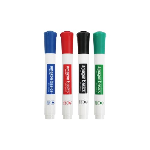 Amazon Basics Low-Odor Dry Erase Whiteboard Markers, Chisel Tip, Quick-Dry, Black, Red, Green, Blue, 4-Pack