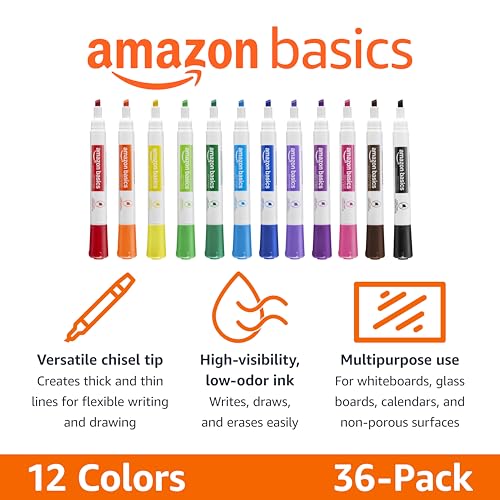 Amazon Basics Low-Odor Dry Erase Whiteboard Markers, Chisel Tip, Quick-Dry, 12 Assorted Colors, 36-Pack view 2