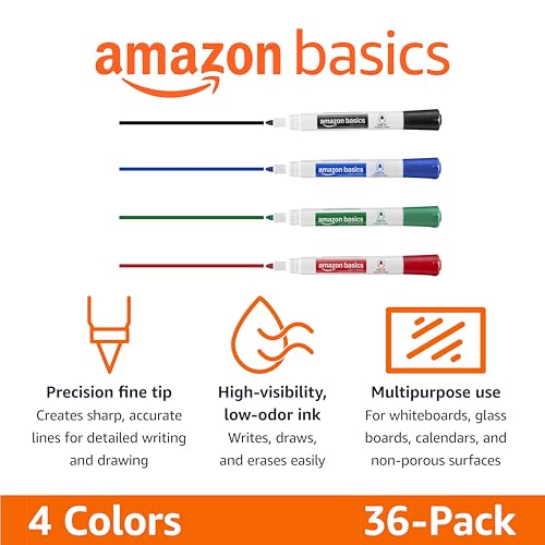 Amazon Basics Low-Odor Dry Erase Whiteboard Markers, Fine Tip, 4 Assorted Colors, 36 Count