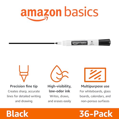 Amazon Basics Low-Odor Dry Erase Whiteboard Markers, Fine Tip, Quick-Dry, Black, 36-Pack view 2
