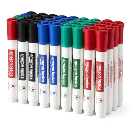 Amazon Basics Low-Odor Dry Erase Whiteboard Markers, Chisel Tip, Quick-Dry, 4 Assorted Colors, 36-Pack