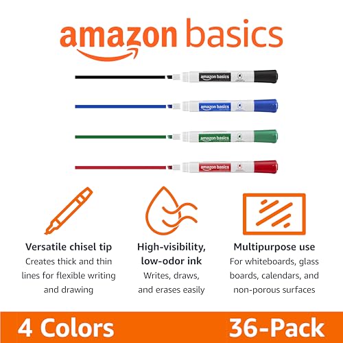 Amazon Basics Low-Odor Dry Erase Whiteboard Markers, Chisel Tip, Quick-Dry, 4 Assorted Colors, 36-Pack view 2