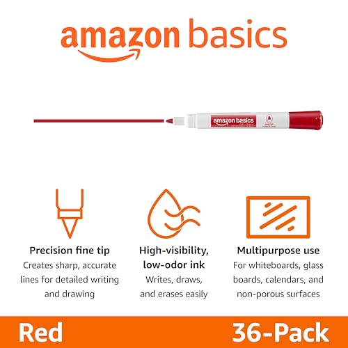 Amazon Basics Low-Odor Dry Erase Whiteboard Markers, Fine Tip, Red, 36 Count