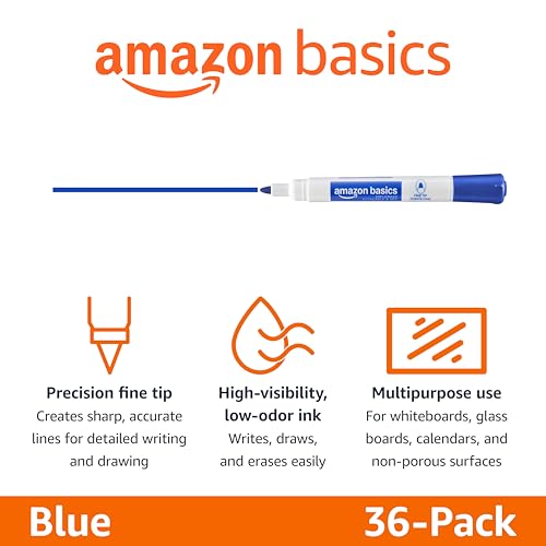 Amazon Basics Low-Odor Dry Erase Whiteboard Markers, Fine Tip, Blue, 36 Count
