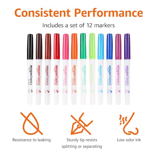 Amazon Basics Low Odor Ultra Fine Tip Dry Erase White Board Markers, Assorted Colors, 12-Pack