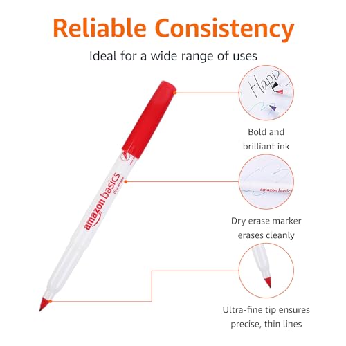 Amazon Basics Low Odor Ultra Fine Tip Dry Erase White Board Markers, Assorted Colors, 12-Pack