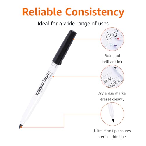 Amazon Basics Low Odor Ultra Fine Tip Dry Erase White Board Markers, Black, 12-Pack