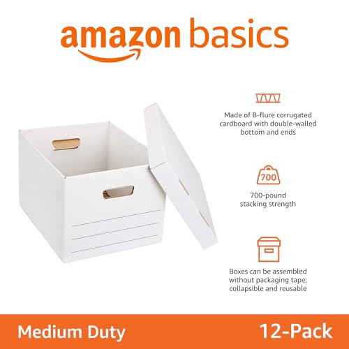 Amazon Basics Medium Duty Storage/Filing Boxes with Lid and Handles, Legal/Letter Size, Collapsible, Foldable, Tape-Free Assembly, 16.2" L x 12.5" W x 10.5" H, White, 12-Pack view 2