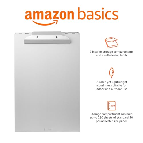 Amazon Basics Metal Clipboard with 2 Compartments and Interior 250 Sheet Paper Storage, 14.09 x 9.21 x 2.6 inches, letter size, Silver