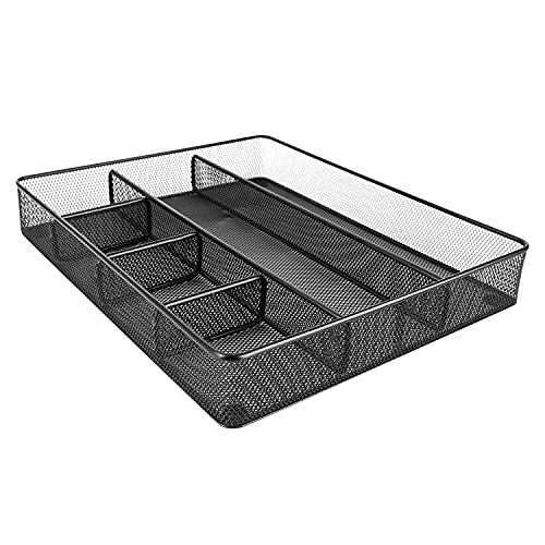 Amazon Basics Metal Mesh Desk Organizer with 6 Compartments, Anti-Slip Pen Holder Storage Tray for Office Supplies and Home, Black view 2