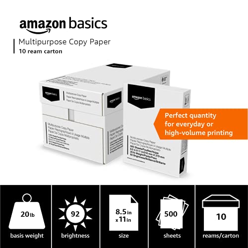 Amazon Basics Multipurpose Copy Printer Paper, 20 lb, 8.5 x 11 Inches, 10 Reams (5,000 Sheets), 92 Bright, White