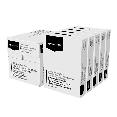 Amazon Basics Multipurpose Copy Printer Paper, 20 lb, 8.5 x 11 Inches, 5 Reams (2,500 Sheets), 92 Bright, White