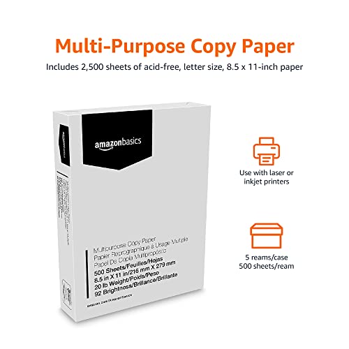 Amazon Basics Multipurpose Copy Printer Paper, 20 lb, 8.5 x 11 Inches, 5 Reams (2,500 Sheets), 92 Bright, White
