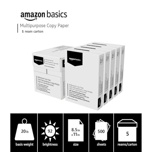Amazon Basics Multipurpose Copy Printer Paper, 20 lb, 8.5 x 11 Inches, 5 Reams (2,500 Sheets), 92 Bright, White