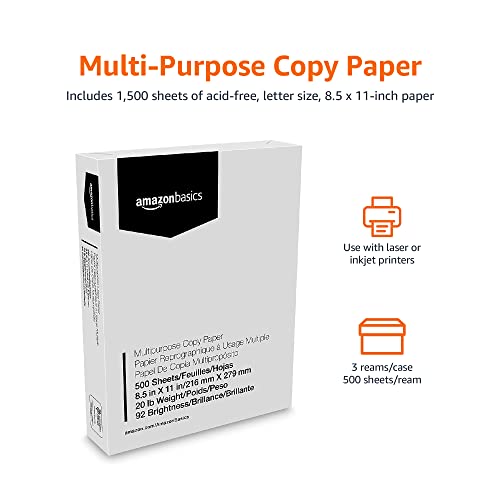 Amazon Basics Multipurpose Copy Printer Paper, 20 lb, 8.5 x 11 Inches, 3 Reams (1,500 Sheets), 92 Bright, White