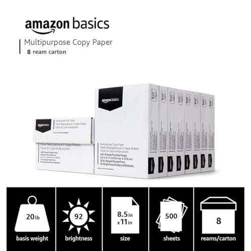 Amazon Basics Multipurpose Copy Printer Paper, 20 lb, 8.5 x 11 Inches, 8 Reams (4,000 Sheets), 92 Bright, White