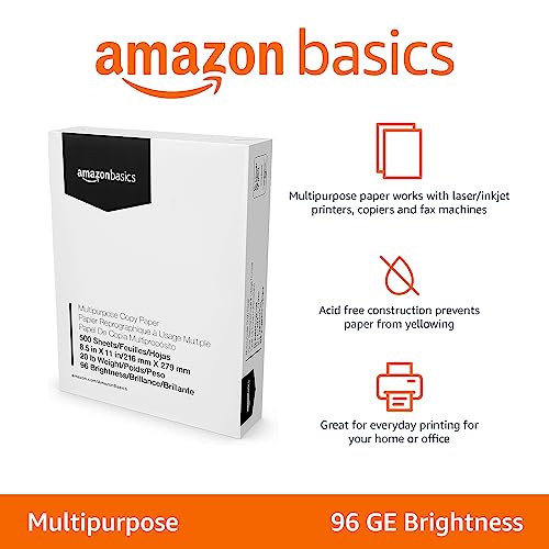 Amazon Basics Multipurpose Copy Printer Paper, 8.5 x 11 Inches , 20 lb, 1 Ream, (500 Sheets), 96 Bright, White