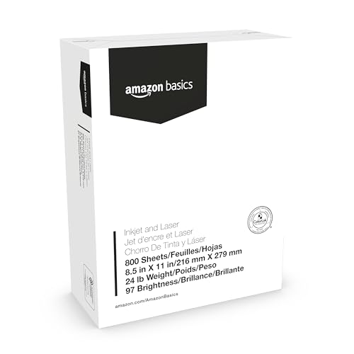 Amazon Basics Multipurpose Copy Printer Paper, 8.5 x 11 Inches , 24 lb, 1 Mega Ream, (800 Sheets), 97 Bright, White
