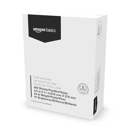 Amazon Basics Multipurpose Copy Printer Paper, 8.5 x 11 Inches , 24 lb, 1 Mega Ream, (800 Sheets), 97 Bright, White