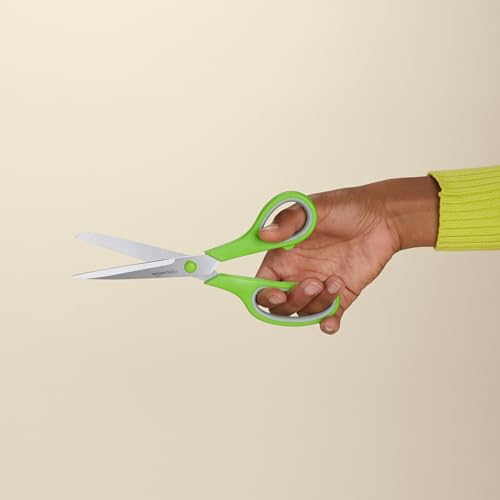 Amazon Basics Multipurpose Stainless Steel Scissors for Office, Crafts, Paper Cutting, Fabric Cutting, Right/Left Handed, Comfort Grip, PVD Coated, 2-Pack, Green and Grey view 3