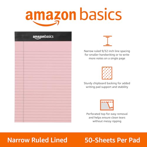 Amazon Basics Narrow Ruled 5-Inch by 8-Inch Lined Writing Note Pads, 6 Count (50 Sheet Pads), Multicolor