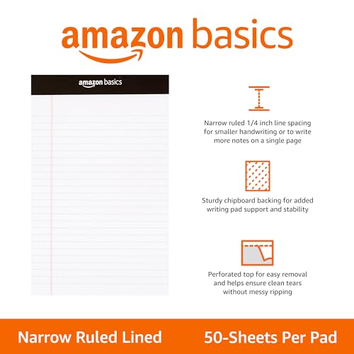 Amazon Basics Narrow Ruled Lined Writing Note Pad, 5 inch x 8 inch, White, 12 Count (12 Pack of 50 pages)