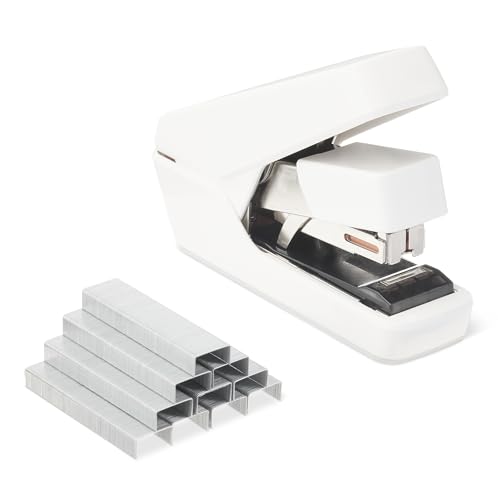 Amazon Basics Office Heavy Duty Stapler, Flat Clinch Effortless, 40 Sheet Capacity, 1000 Staples, No Jam, for Classroom, Office or Desk Use, White, 4.76 x 1.42 x 3.39 inches (LxWxH)