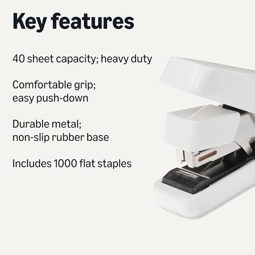 Amazon Basics Office Heavy Duty Stapler, Flat Clinch Effortless, 40 Sheet Capacity, 1000 Staples, No Jam, for Classroom, Office or Desk Use, White, 4.76 x 1.42 x 3.39 inches (LxWxH)