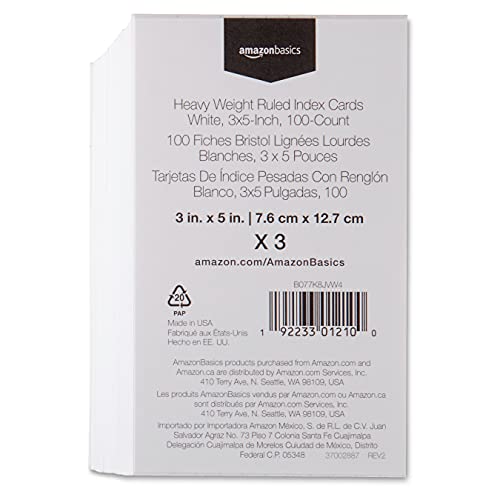 Amazon Basics Paper Flash Ruled Index Note Cards, Heavy Weight, White, 3 x 5 Inch Card, 300 Count, 100 Pack of 3