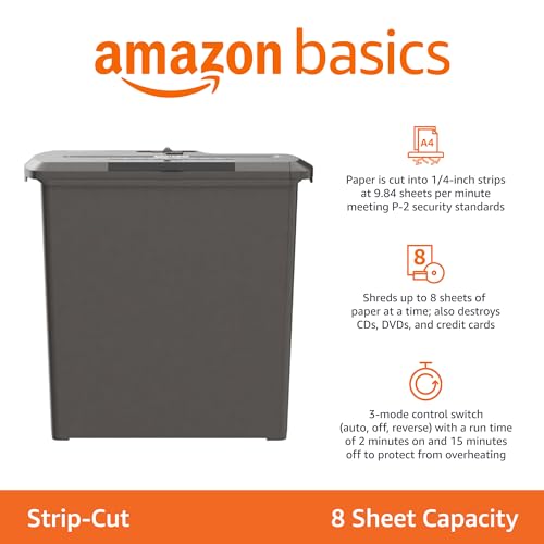 Amazon Basics Paper Shredder for Home and Office, 8-Sheet Strip Cut, CD/ Credit Card Shredder, 3.4 Gallon Wastebasket , Black