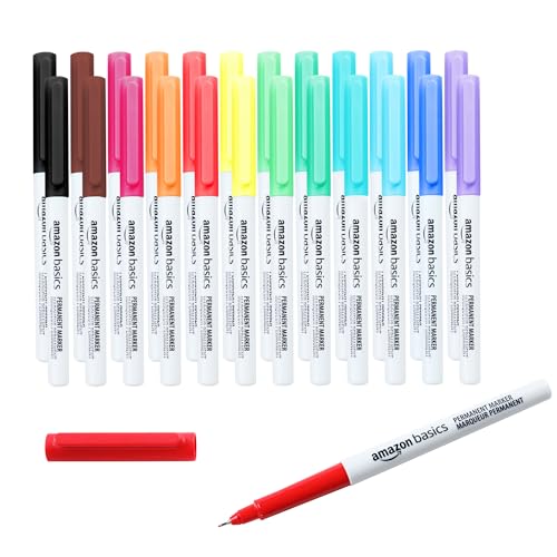 Amazon Basics Permanent Markers for Drawing, Writing and Doodling, Ultra Fine Tip, Quick Dry Fade Resistant Ink, Assorted Colors, 24-Pack