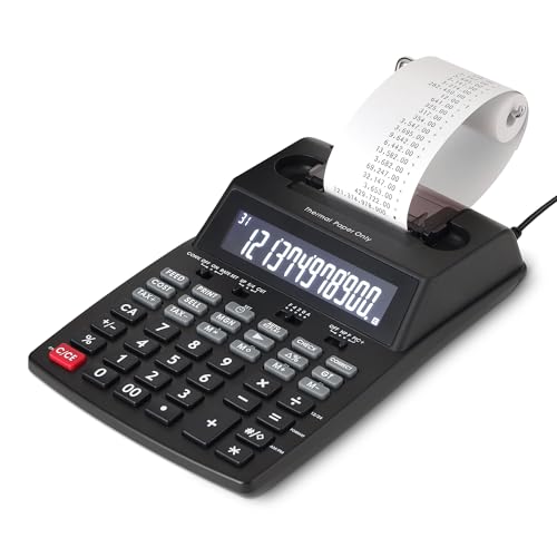 Amazon Basics Printing Calculator with 12-Digit LCD Display, Adding Machine with Tape Print Out for Business & Tax, Desktop and Palm, Black