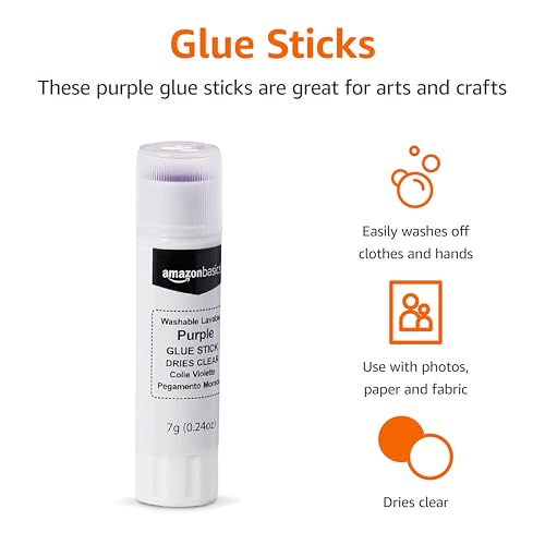 Amazon Basics Purple Washable School Glue Sticks for Classroom Supplies and Craft Projects, Dries Clear, 0.24-oz Stick, 60-Pack view 2
