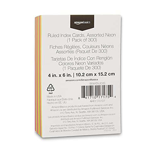 Amazon Basics Ruled Index Flash Cards, Assorted Neon Colored, 4x6 Inch, 300-Count