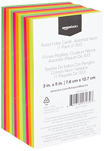 Amazon Basics Ruled Index Flash Cards for Studying and Note Taking, Assorted Neon Colored, 3x5 Inch, 300-Count