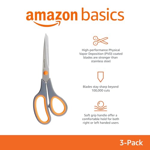 Amazon Basics Stainless Steel Scissors for Office, Crafts, Multipurpose, Sharp, Comfort Grip, PVD Coated, 3 Pack, Multicolor