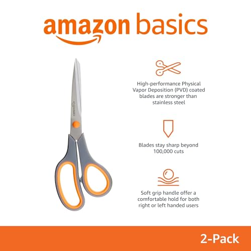 Amazon Basics Stainless Steel Scissors for Office, Crafts, Multipurpose, Sharp, Comfort Grip, PVD Coated, 2 Pack, Green and Grey