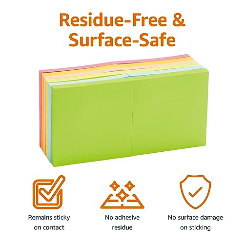 Amazon Basics Sticky Notes, 3x3 Inches, Assorted Colors Self-Stick Pads, Easy to Post for Home, Office, Notebook, 70 sheets/Pad, Pack of 12