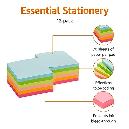 Amazon Basics Sticky Notes, 3x3 Inches, Assorted Colors Self-Stick Pads, Easy to Post for Home, Office, Notebook, 70 sheets/Pad, Pack of 12