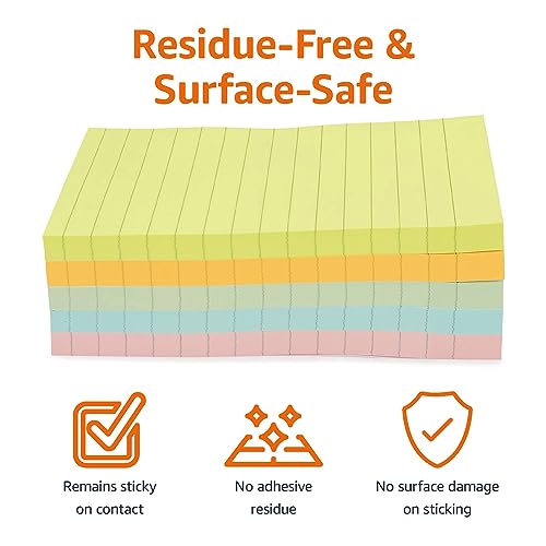 Amazon Basics Sticky Notes, 4x6 Inches, Assorted Colors Self-Stick Pads, Easy to Post for Home, Office, Notebook, 100 sheets/Pad, Pack of 5