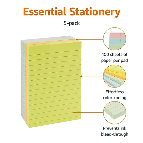 Amazon Basics Sticky Notes, 4x6 Inches, Assorted Colors Self-Stick Pads, Easy to Post for Home, Office, Notebook, 100 sheets/Pad, Pack of 5