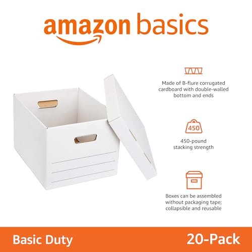 Amazon Basics Storage/Filing Boxes with Lift-Off Lid - Letter/Legal Size, Sturdy, Easy Assembly, White, 16.2" L x 12.5" W x 10.5" H, Pack of 20