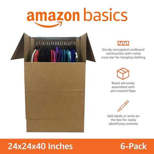 Amazon Basics Strong Cardboard Wardrobe Moving Boxes with Hanging Bar, Handles for Packing Clothes, 24" x 24" x 40", Brown, 6-Pack view 2