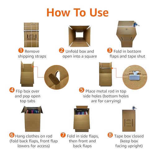 Amazon Basics Strong Cardboard Wardrobe Moving Boxes with Hanging Bar, Handles for Packing Clothes, 24" x 24" x 40", Brown, 6-Pack view 3