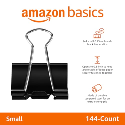 Amazon Basics Sturdy Binder Clips for Office Use, 144 Count (12 Pack of 12), Small, 0.75 in, Black