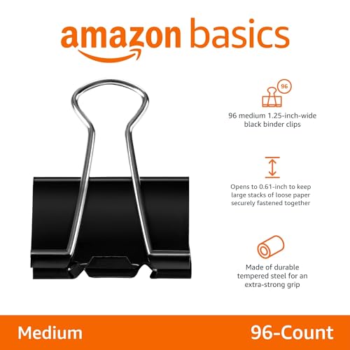 Amazon Basics Sturdy Binder Clips for Office Use, 96 Count (8 Pack of 12), Medium, 1.25 in, Black