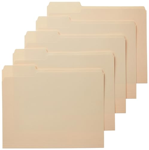 Amazon Basics Sturdy File Folders with Reinforced Tabs for Filing and Organization, 1/3-Cut Tab, Assorted Positions, Letter Size, 8.5x11 inches, Manila, 100-Pack