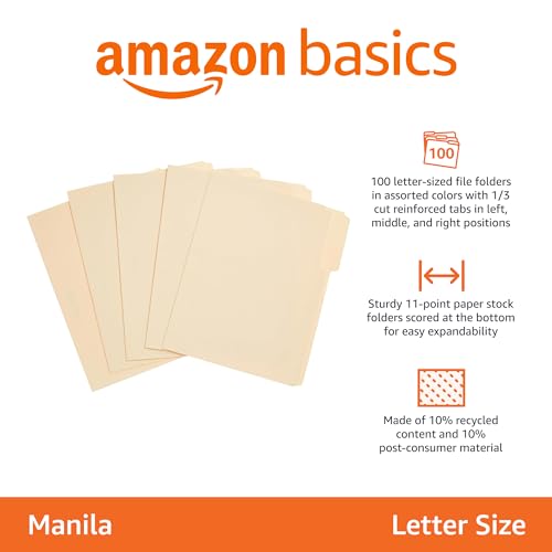 Amazon Basics Sturdy File Folders with Reinforced Tabs for Filing and Organization, 1/3-Cut Tab, Assorted Positions, Letter Size, 8.5x11 inches, Manila, 100-Pack view 2